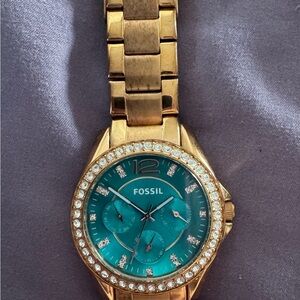 Fossil Riley ES3385 Watch with Rose Gold Band & Teal Face
